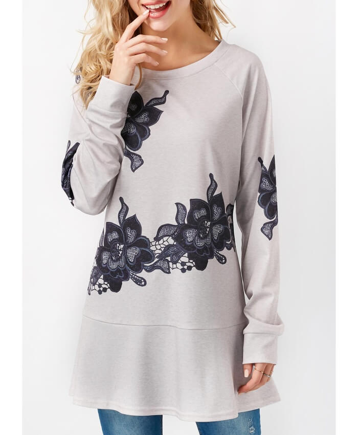 Long Sleeve Printed Light Grey T Shirt